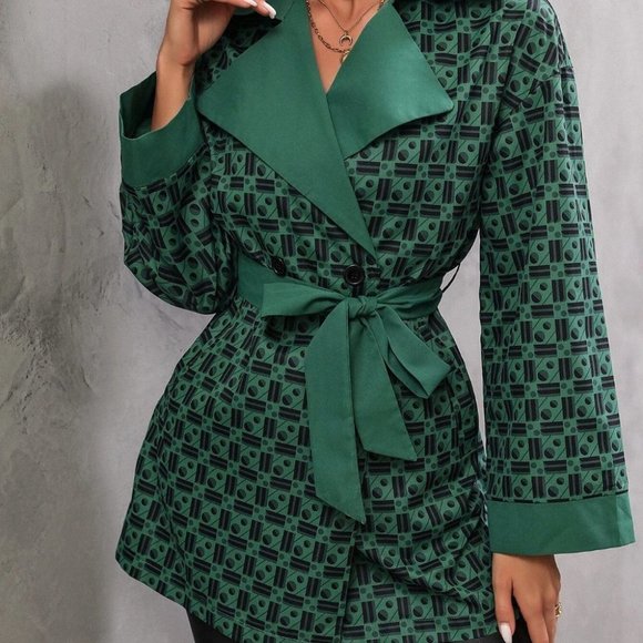 contemporary geo print green black belted mini trench coat minimalist - Picture 5 of 7